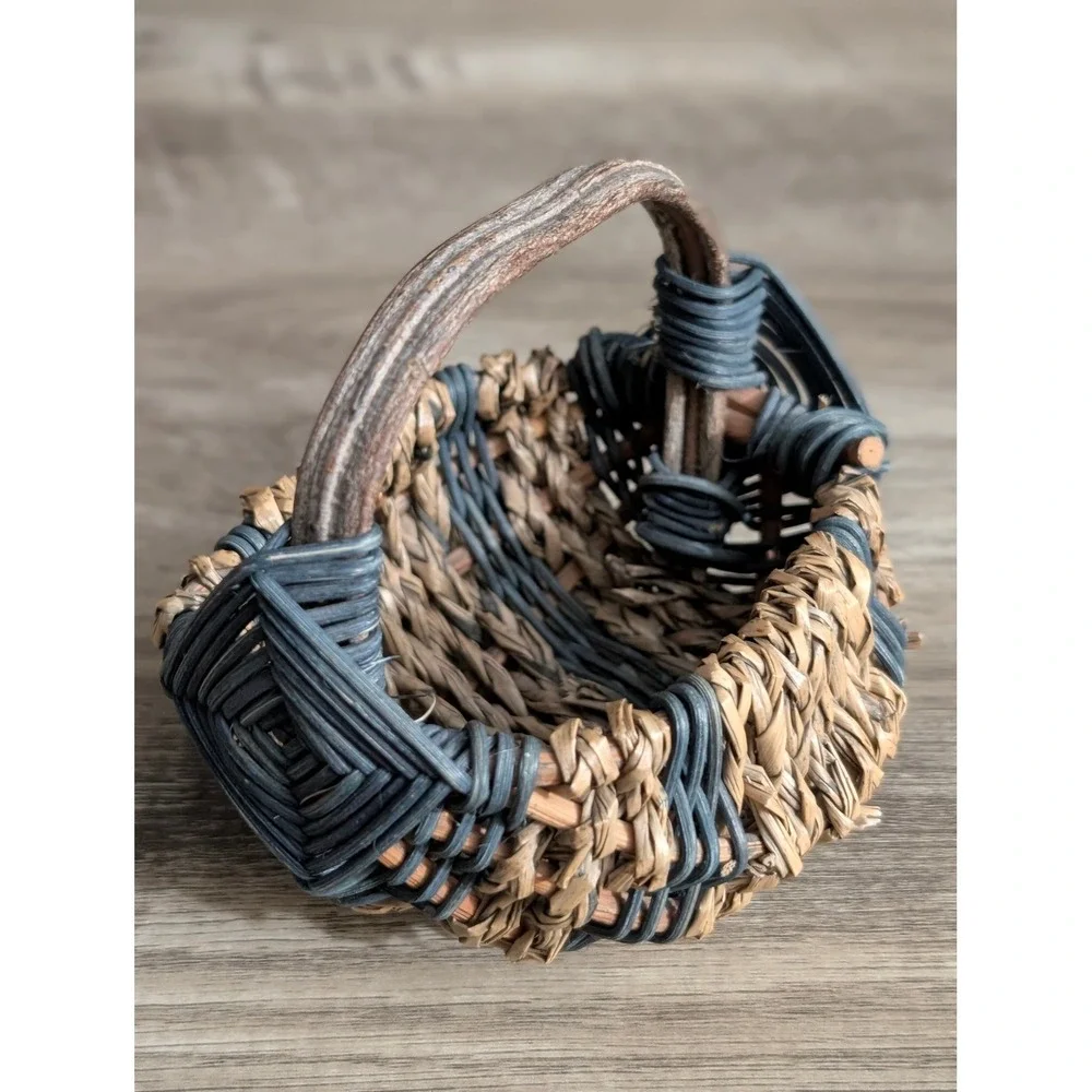 Vintage Miniature Woven Basket Blueish Green & Brown Seagrass Twig Handle Rustic